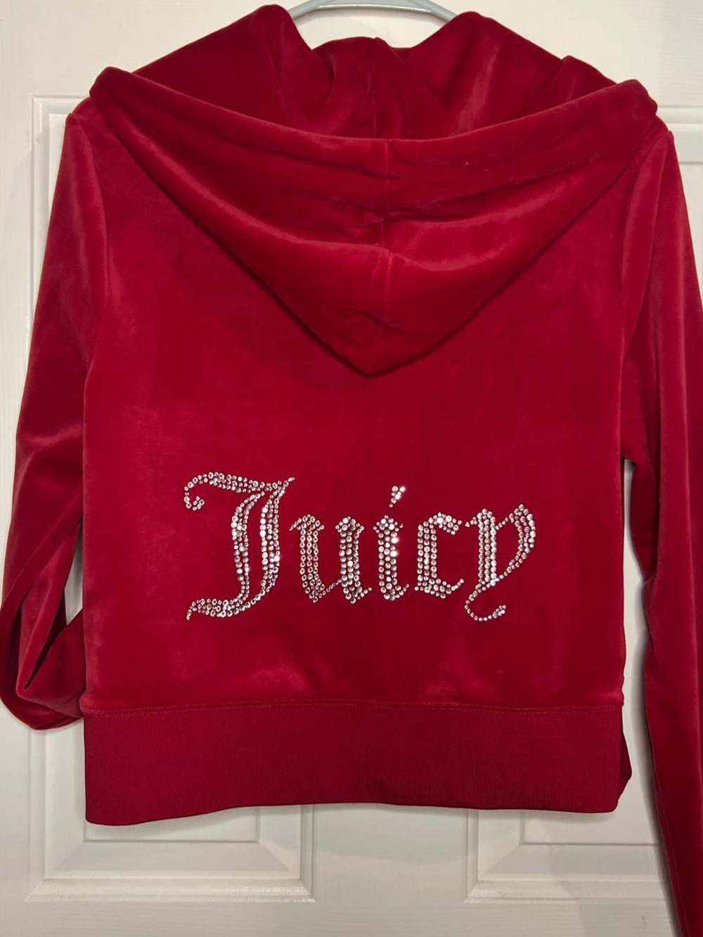 Juicy Couture Girls' Red Velour Hoodie with Rhinestone 'Juicy' Logo